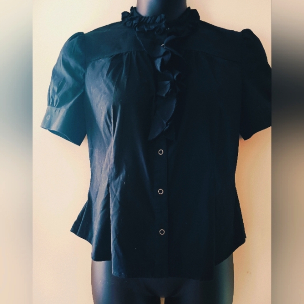Black "MIXIT" stretch short cuffed sleeve ruffled chest work button-down shirt